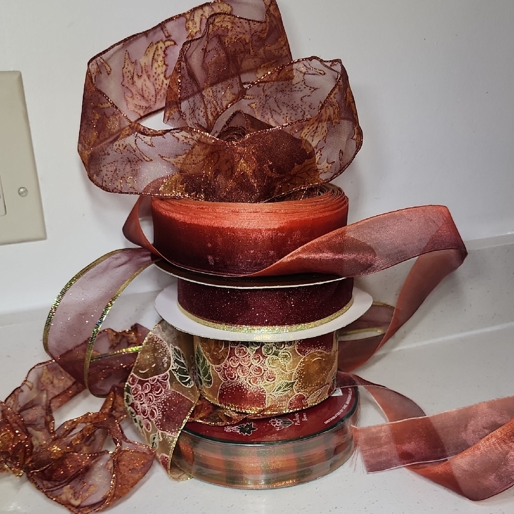 Lot of Ribbon, Gold, Orange, Fall Colors, Satin, Wired, Glitter.